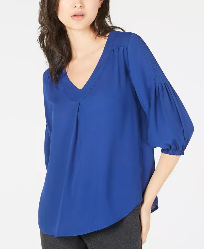 Blusa feminina NY Collection com manga 3/4 franzida, tamanho azul marinho, pequena e pequena