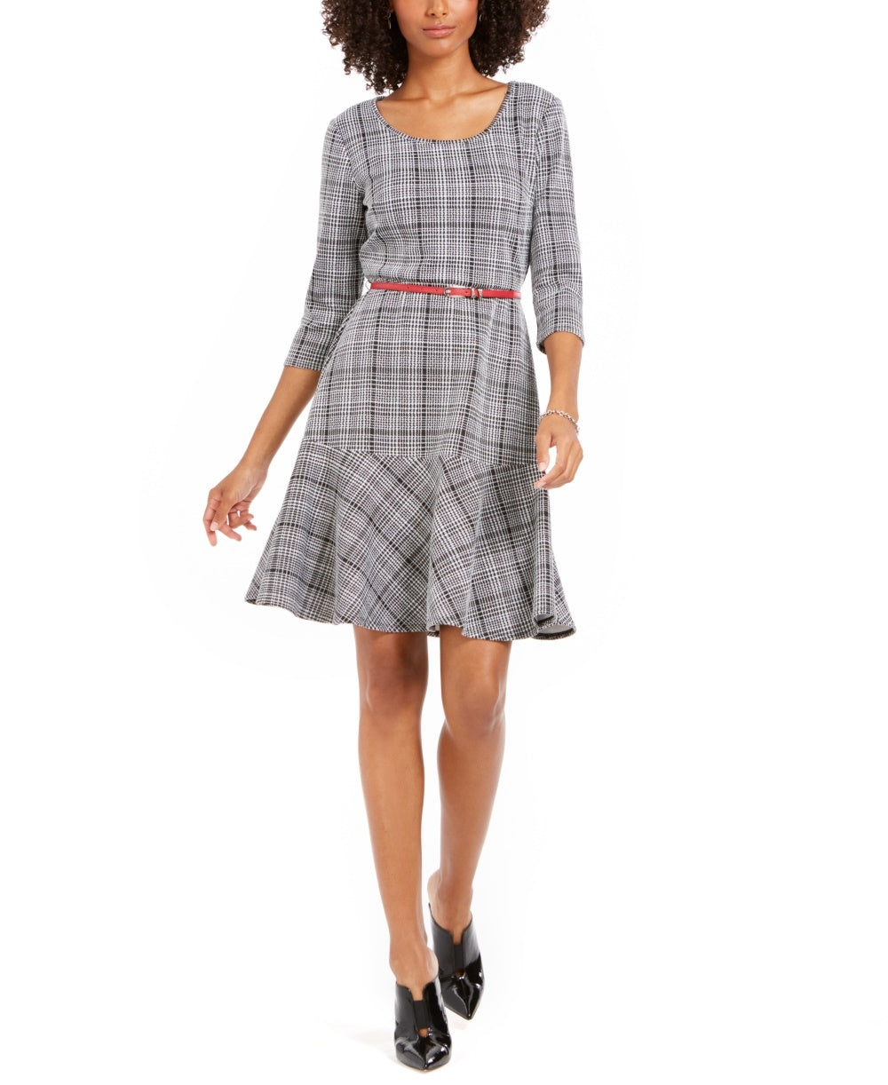 Vestido feminino xadrez justo e evasê NY Collection, preto, tamanho pequeno grande