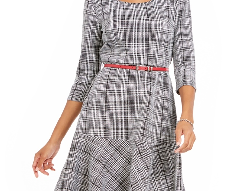 Vestido feminino xadrez justo e evasê NY Collection, preto, tamanho pequeno grande