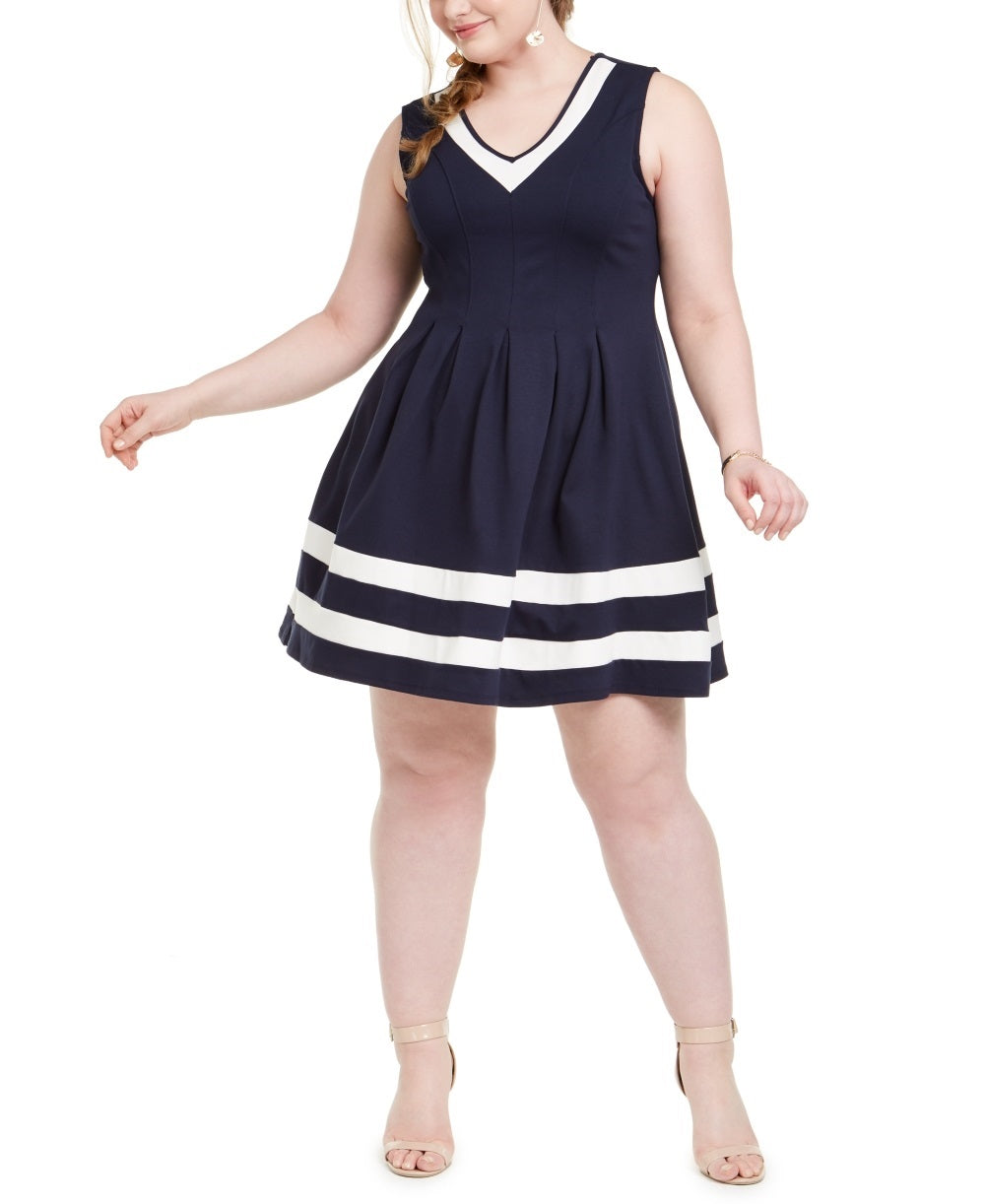 Vestido feminino Monteau Trendy Plus com listras e bainha evasê, azul marinho, tamanho XX-G