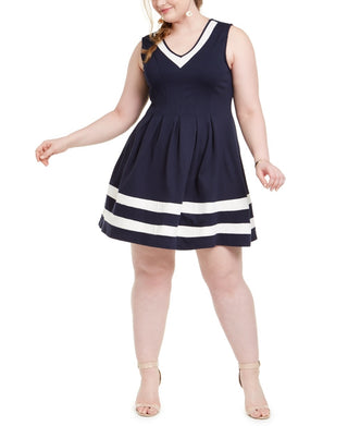 Monteau Women's Trendy Plus Striped Hem Fit & Flare Dress Navy Size XX-Large