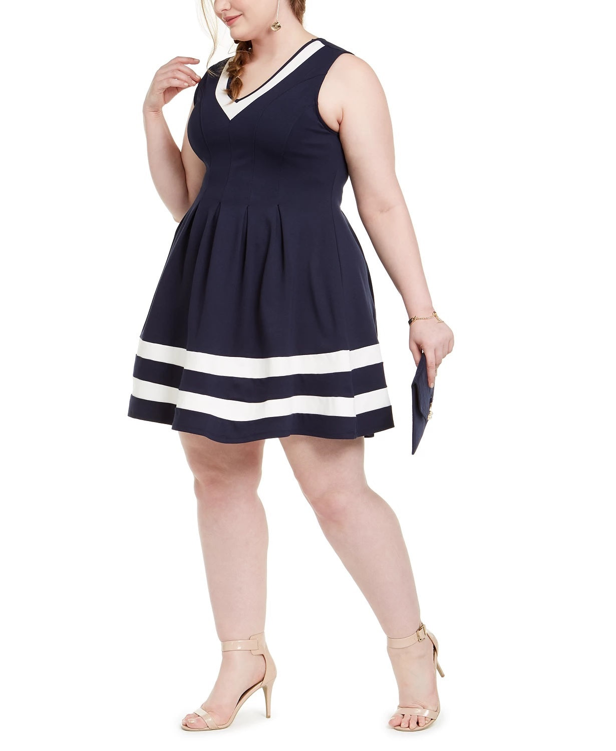 Vestido feminino Monteau Trendy Plus com listras e bainha evasê, azul marinho, tamanho XX-G