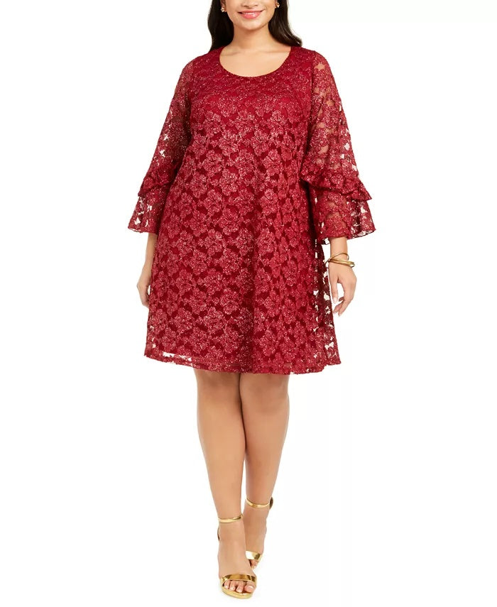 Vestido de renda com manga sino Robbie Bee feminino, tamanho 1X, vermelho