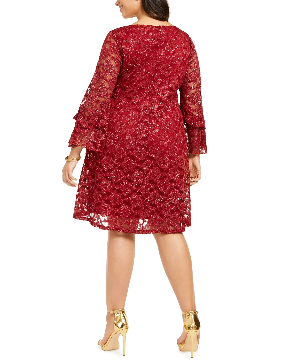 Vestido de renda com manga sino Robbie Bee feminino, tamanho 1X, vermelho