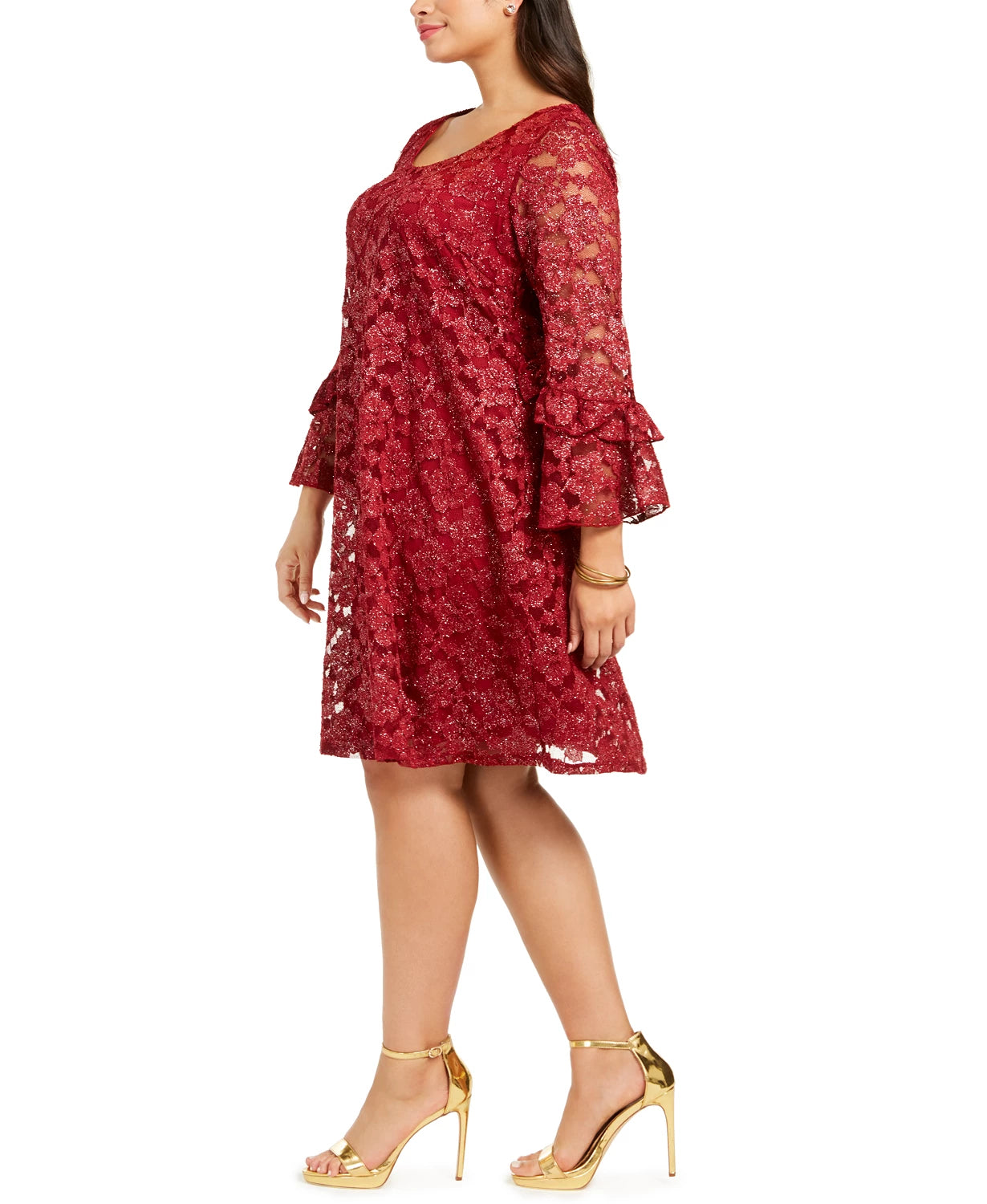 Vestido de renda com manga sino Robbie Bee feminino, tamanho 1X, vermelho
