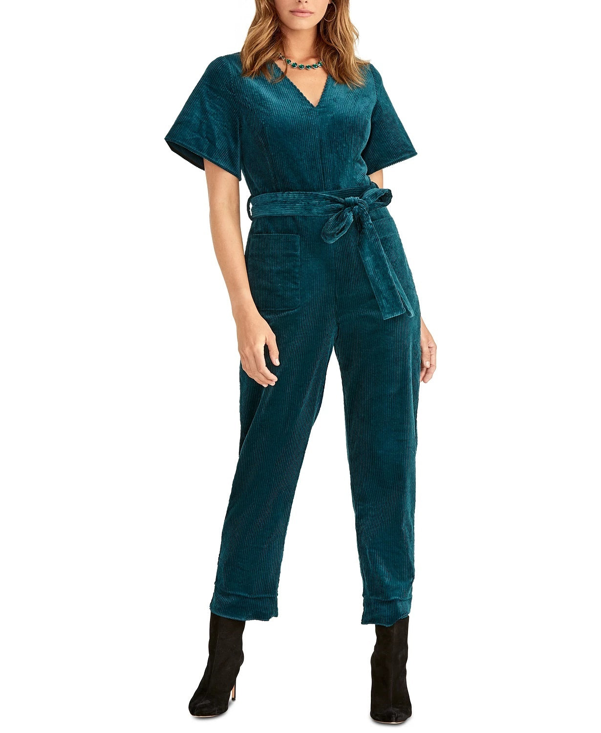 Macacão de festa feminino Rachel Roy, veludo cotelê azul-petróleo, com zíper, manga sino, decote em V, tamanho 6, azul brilhante, tamanho 6