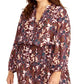Blusa feminina Rachel Roy com estampa floral, manga longa, gola V, vermelha, tamanho 1X