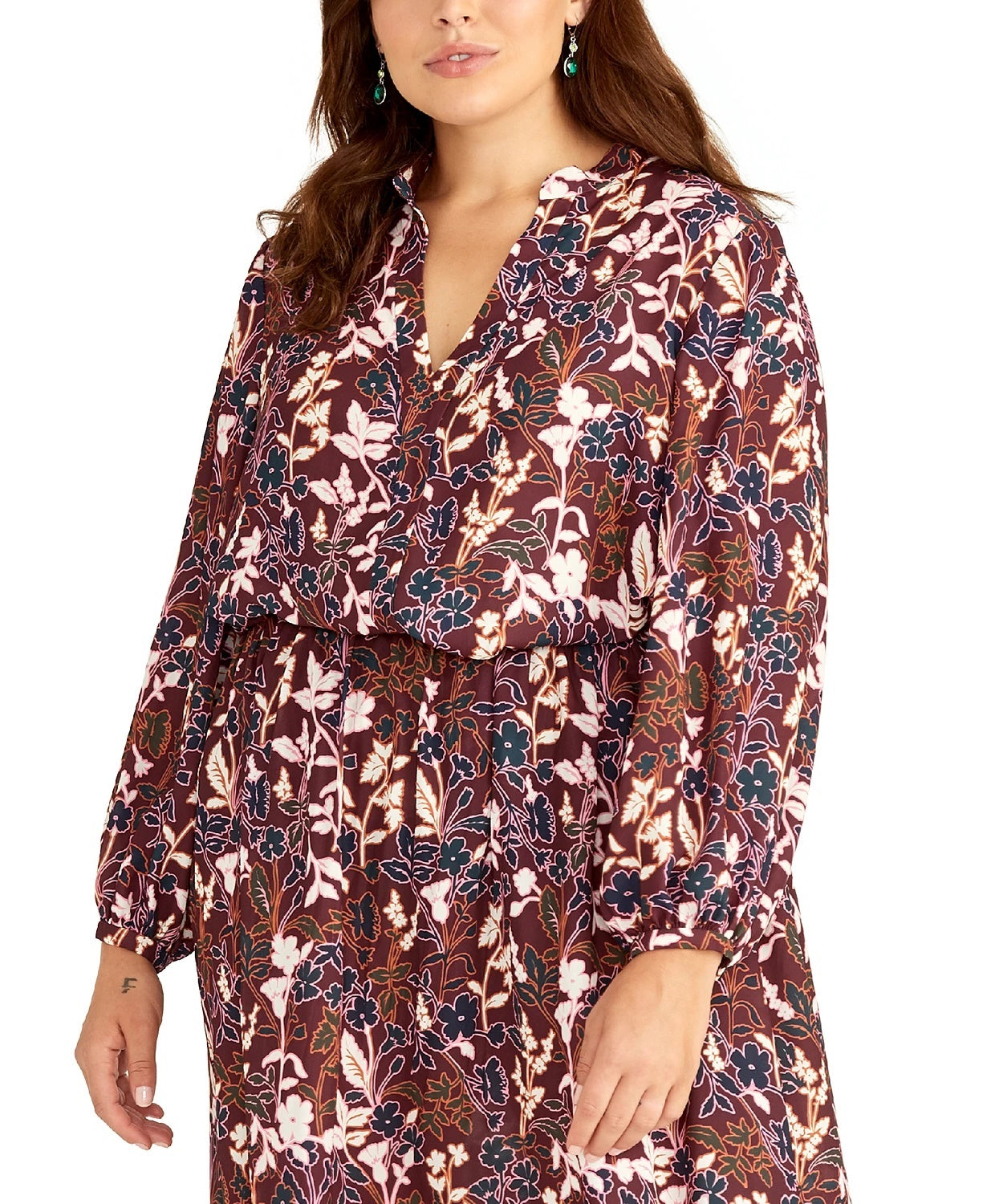 Blusa feminina Rachel Roy com estampa floral, manga longa, gola V, vermelha, tamanho 1X
