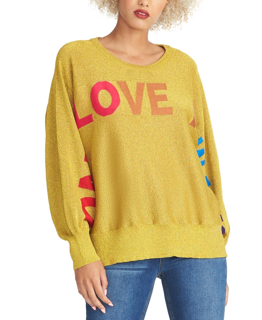 Suéter feminino Rachel Roy com estampa de amor metálico, amarelo, tamanho extrapequeno