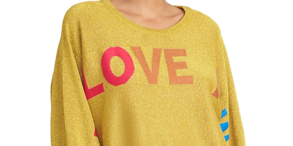 Suéter feminino Rachel Roy com estampa de amor metálico, amarelo, tamanho extrapequeno