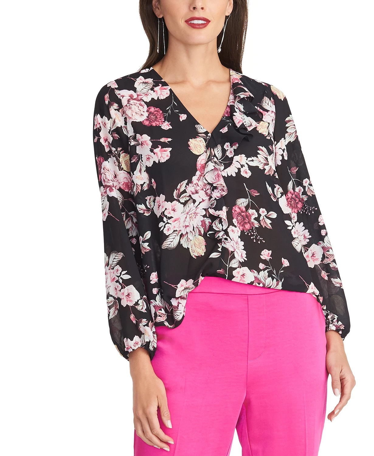 Blusa feminina Layla assimétrica com babados, preta, tamanho grande, Rachel Rachel Roy