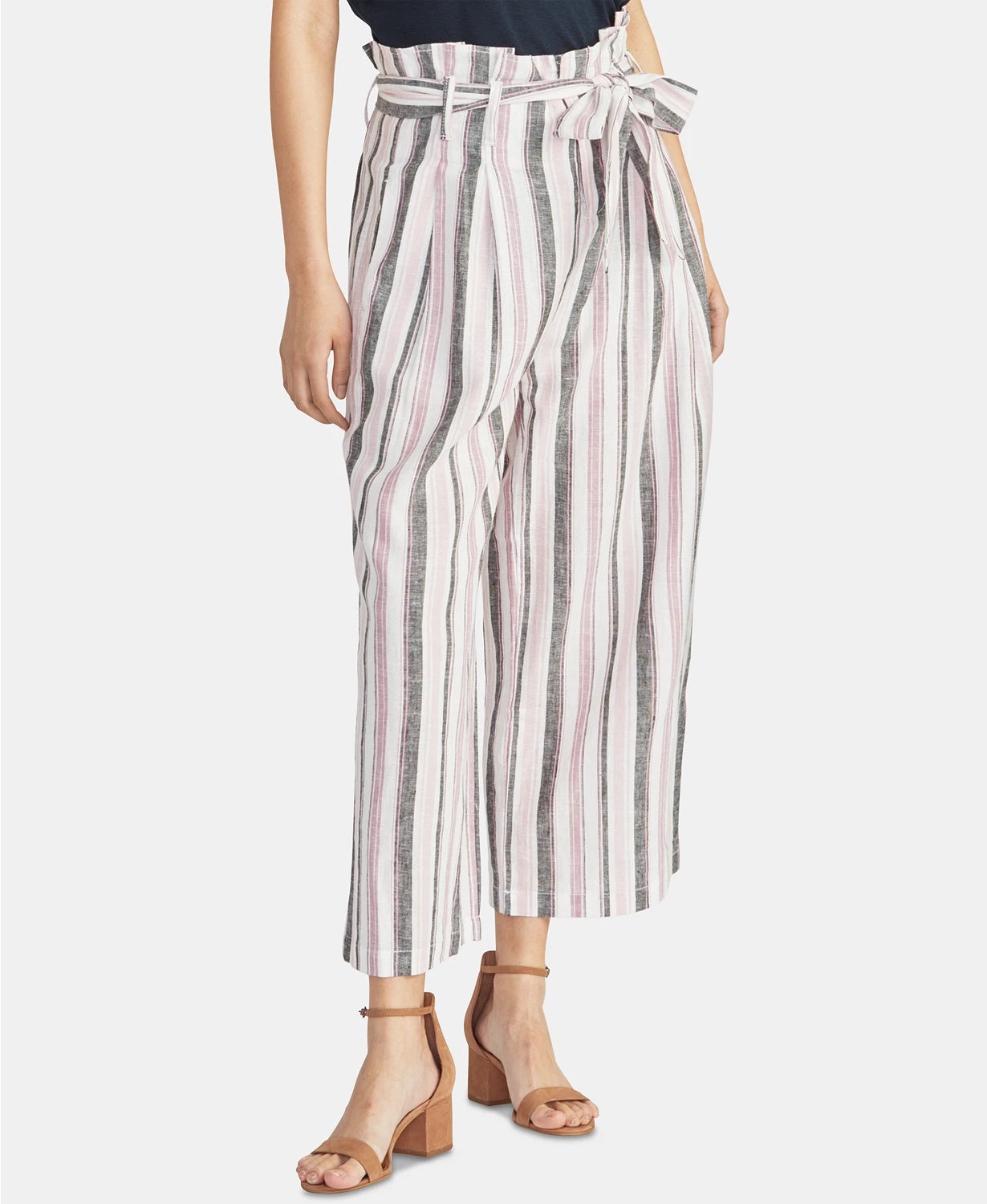 Calça feminina Rachel Roy, listrada, com cinto, bolsos e zíper, branca, tamanho 2