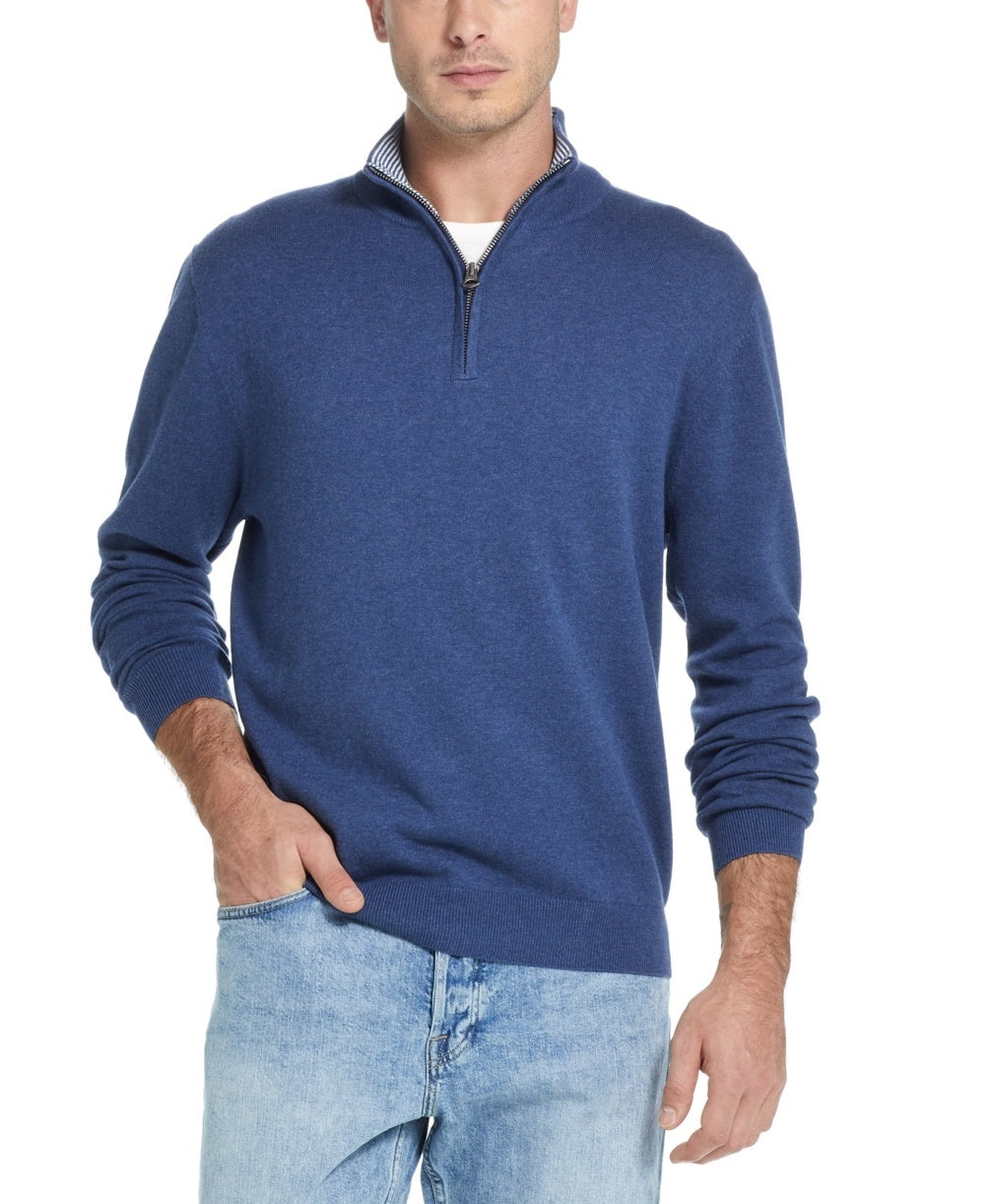 Suéter masculino vintage à prova de intempéries com zíper de um quarto, azul marinho, tamanho pequeno