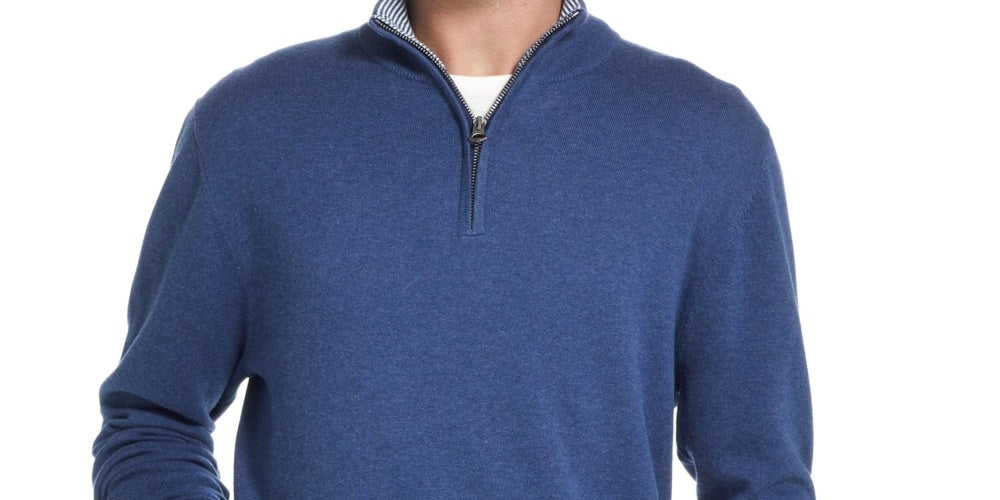 Suéter masculino vintage à prova de intempéries com zíper de um quarto, azul marinho, tamanho pequeno