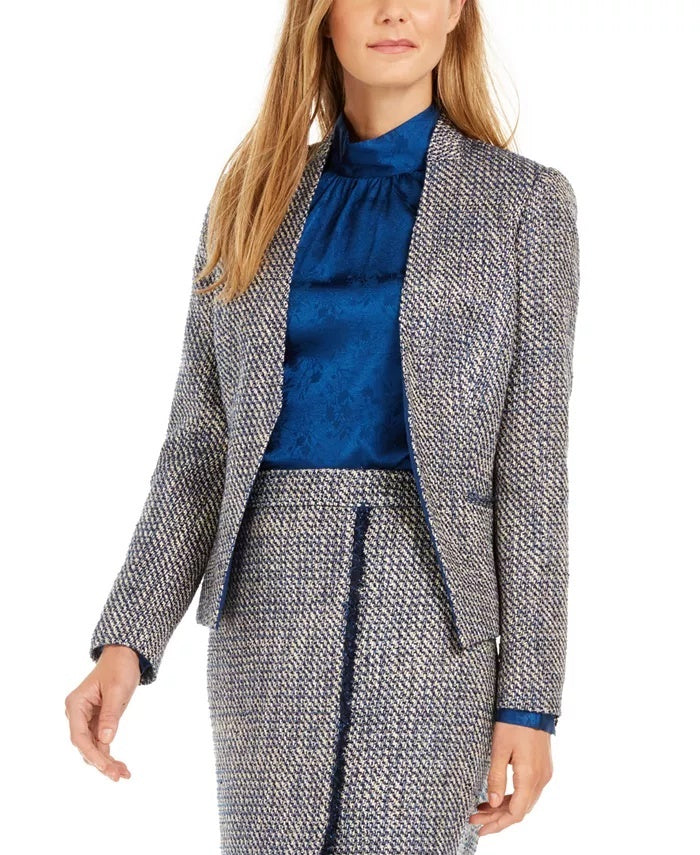 Calvin Klein Blazer assimétrico de tweed feminino azul tamanho 14