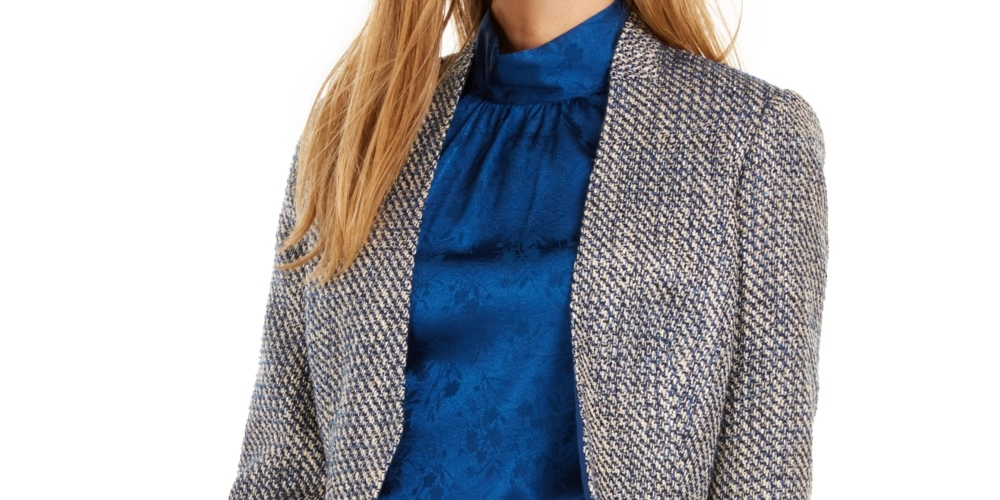 Calvin Klein Blazer assimétrico de tweed feminino azul tamanho 4