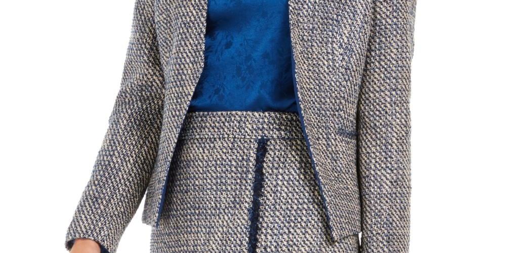 Calvin Klein Blazer assimétrico de tweed feminino azul tamanho 4