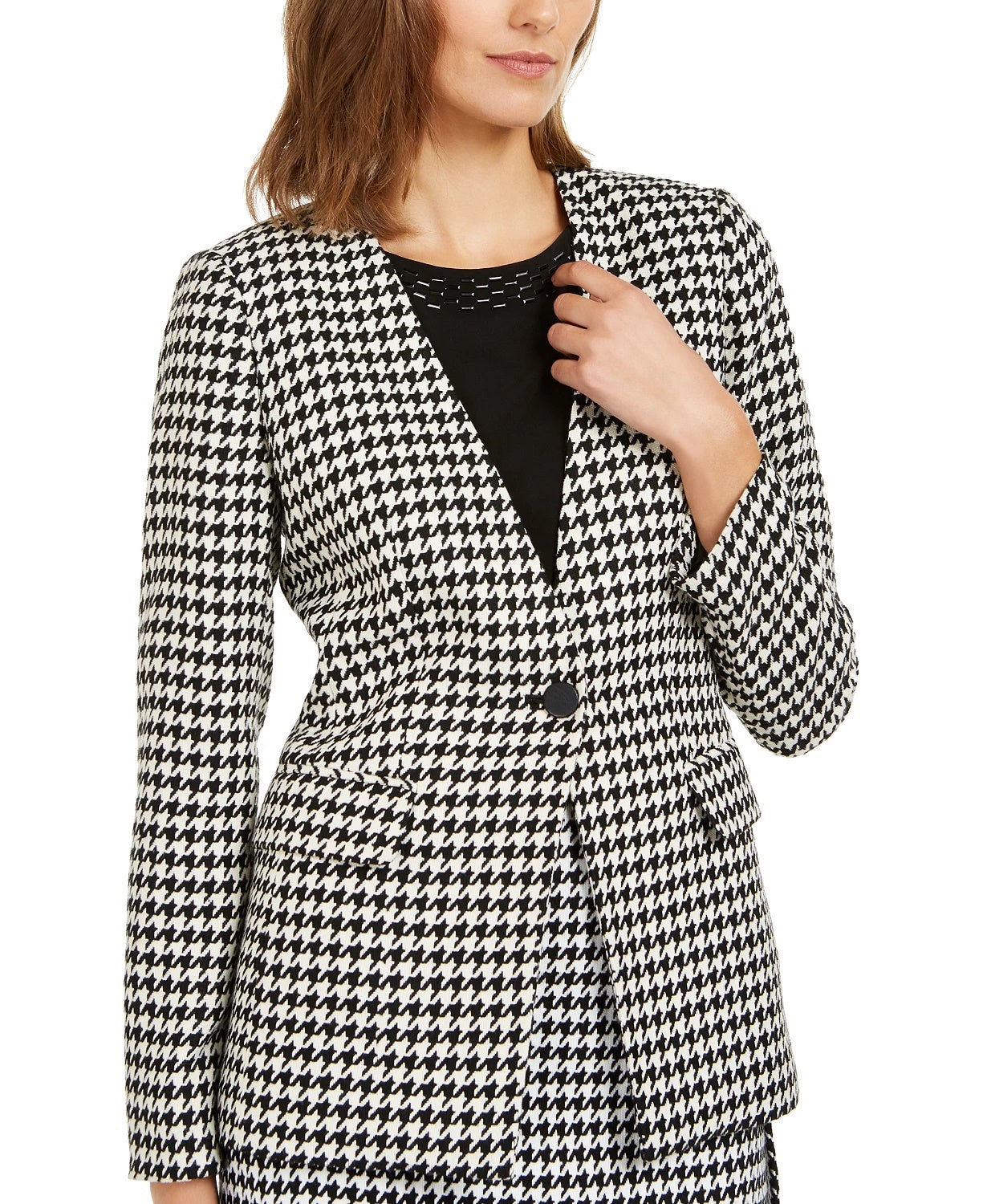 Calvin Klein Blazer Feminino Estampa Pied-de-poule Botão Único Cinza Tamanho 10