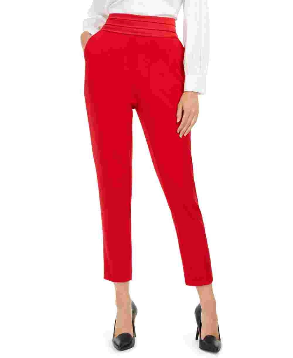 Calça social feminina Calvin Klein com cintura plissada e ajuste slim, vermelha, tamanho 4