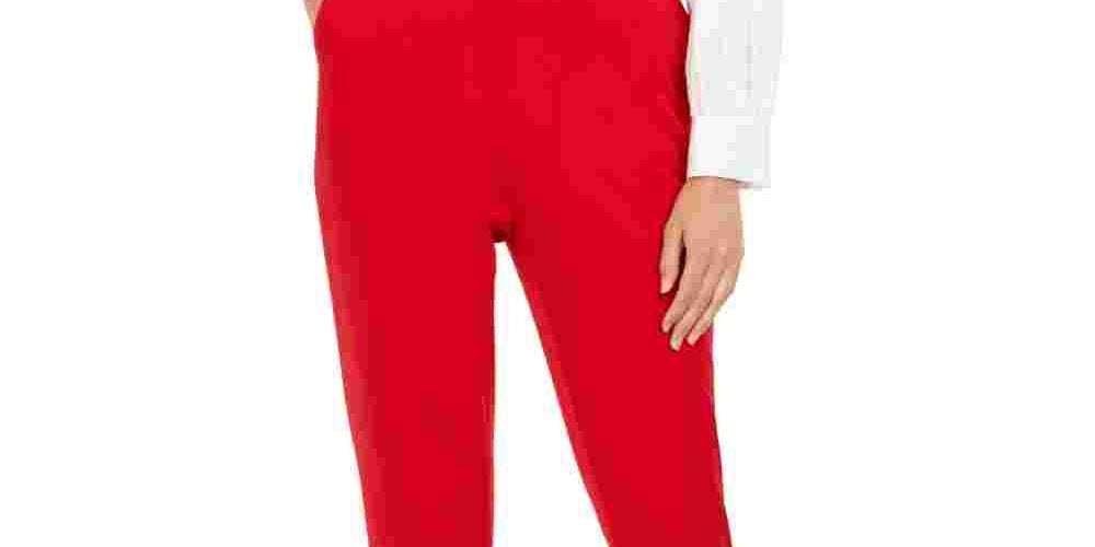 Calça social feminina Calvin Klein com cintura plissada e ajuste slim, vermelha, tamanho 4