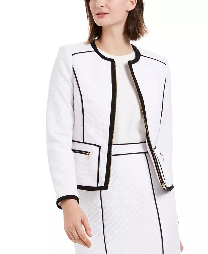 Calvin Klein Blazer Feminino com Zíper e Debrum Contrastado, Branco, Tamanho 4
