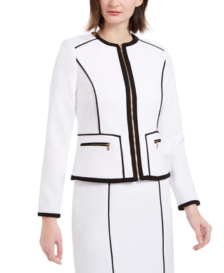 Calvin Klein Blazer Feminino com Zíper e Debrum Contrastado, Branco, Tamanho 4
