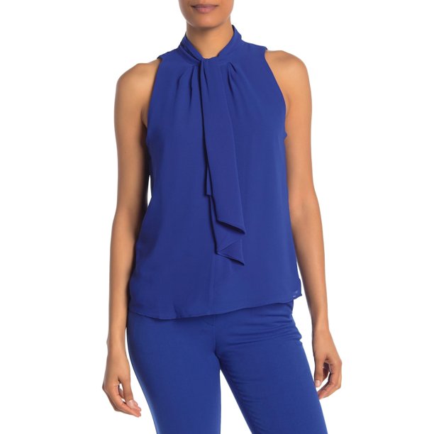Blusa Calvin Klein Feminina Sem Mangas Gola Amarrada Azul Tamanho Grande