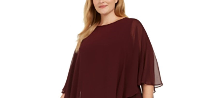 Vestido de festa feminino Connected Apparel, com babados, liso, manga curta, gola alta, acima do joelho, roxo, tamanho 18W