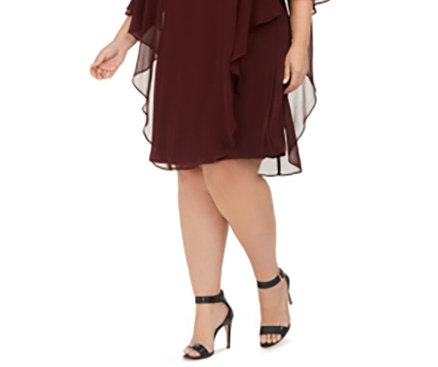 Vestido de festa feminino Connected Apparel, com babados, liso, manga curta, gola alta, acima do joelho, roxo, tamanho 18W