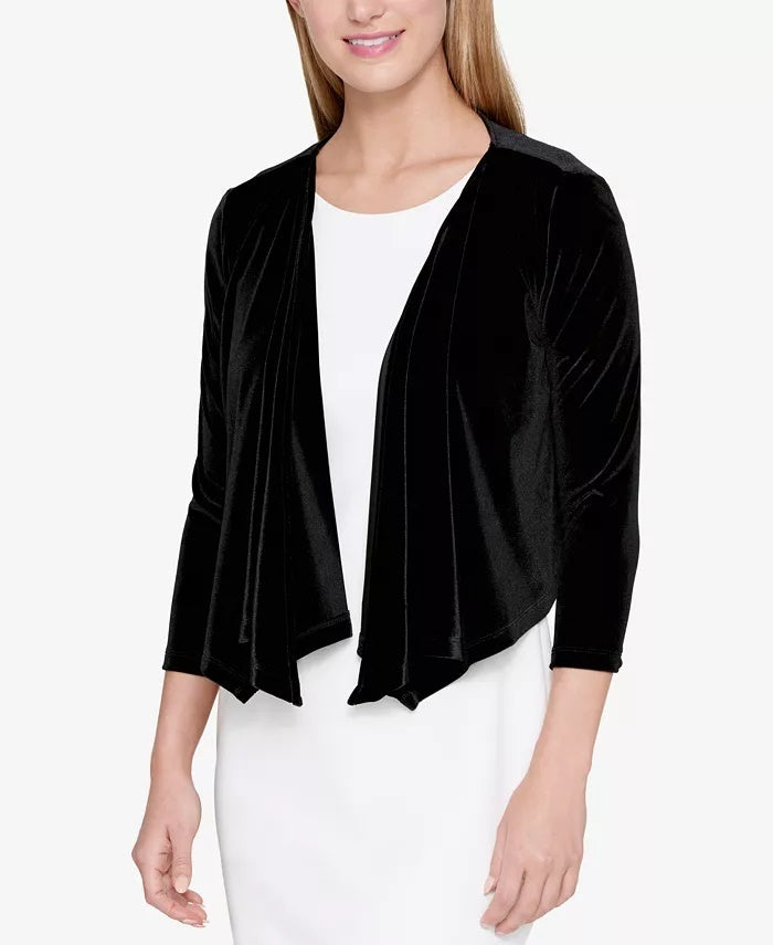 Tommy Hilfiger Cardigan Feminino de Veludo com Bainha de Lenço e Manga Longa Aberta, Suéter Formal Preto, Tamanho Grande