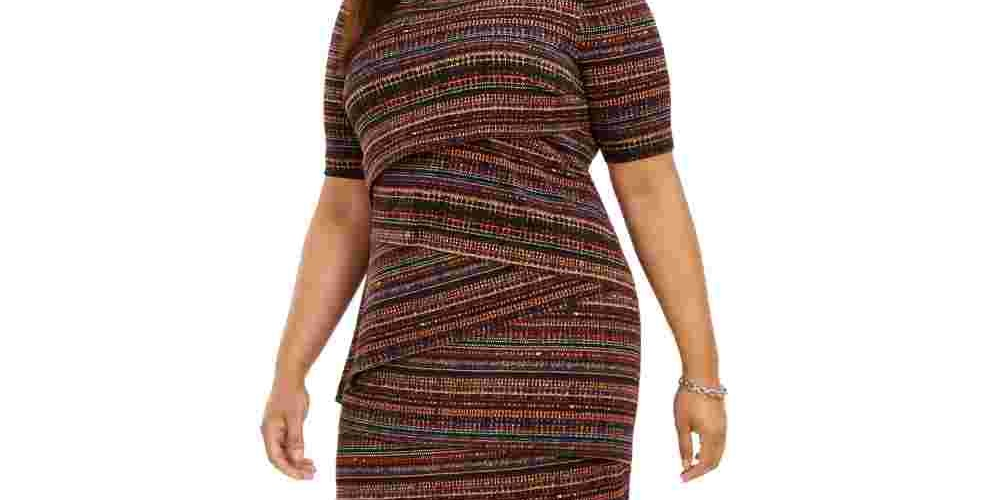 Vestido feminino plus size com estampa geométrica e zigue-zague, tamanho pequeno e cobre ferrugem