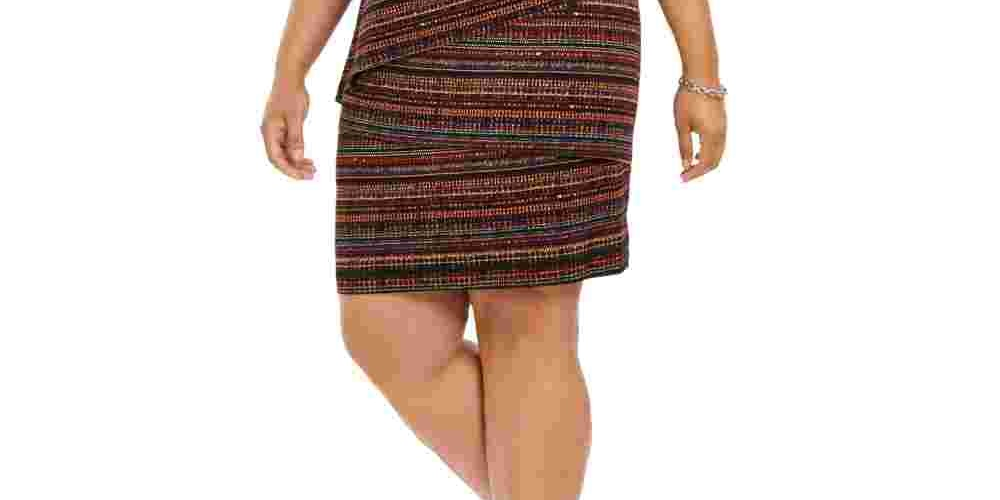 Vestido feminino plus size com estampa geométrica e zigue-zague, tamanho pequeno e cobre ferrugem