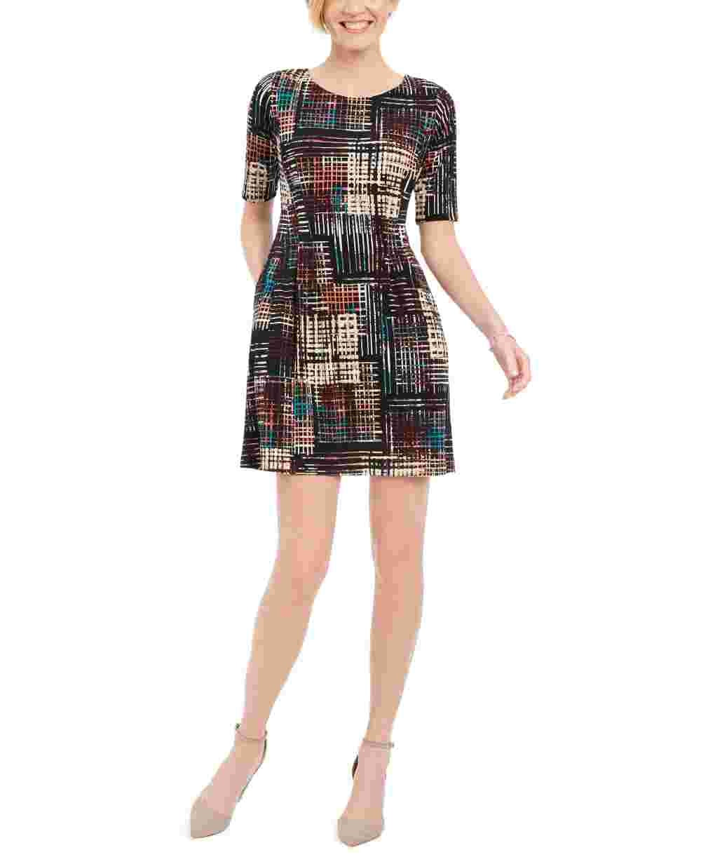 Vestido xadrez feminino Connected, ajuste evasê, roxo, tamanho 14, pequeno