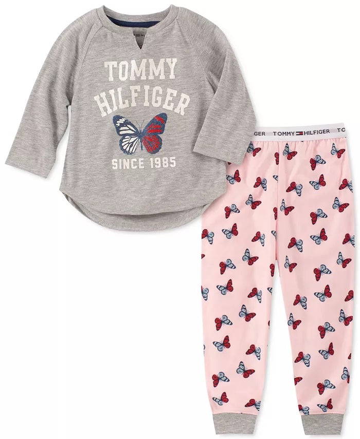 Tommy Hilfiger Conjunto de pijama infantil com 2 peças, borboleta, tamanho 4-5, para meninas pequenas e grandes