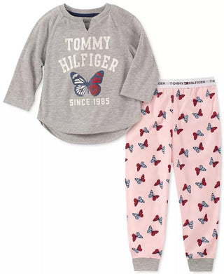Tommy Hilfiger Conjunto de pijama infantil com 2 peças, borboleta, tamanho 4-5, para meninas pequenas e grandes