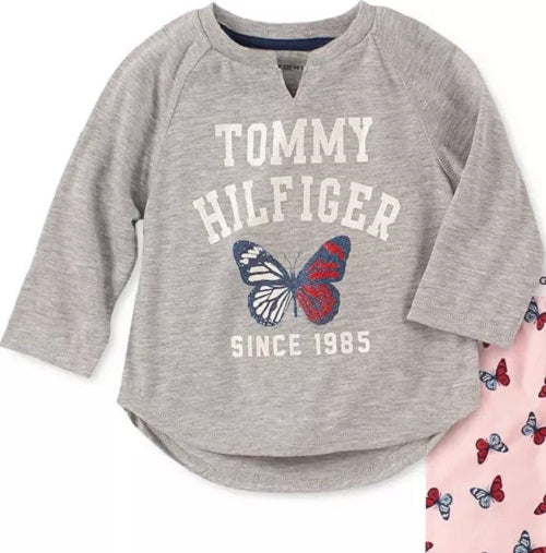 Tommy Hilfiger Conjunto de pijama infantil com 2 peças, borboleta, tamanho 4-5, para meninas pequenas e grandes
