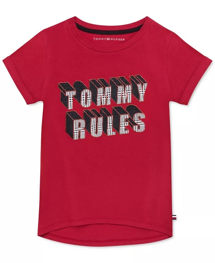 Camiseta Tommy Hilfiger para meninas, de algodão, Tommy Rules, vermelha brilhante, tamanho 6