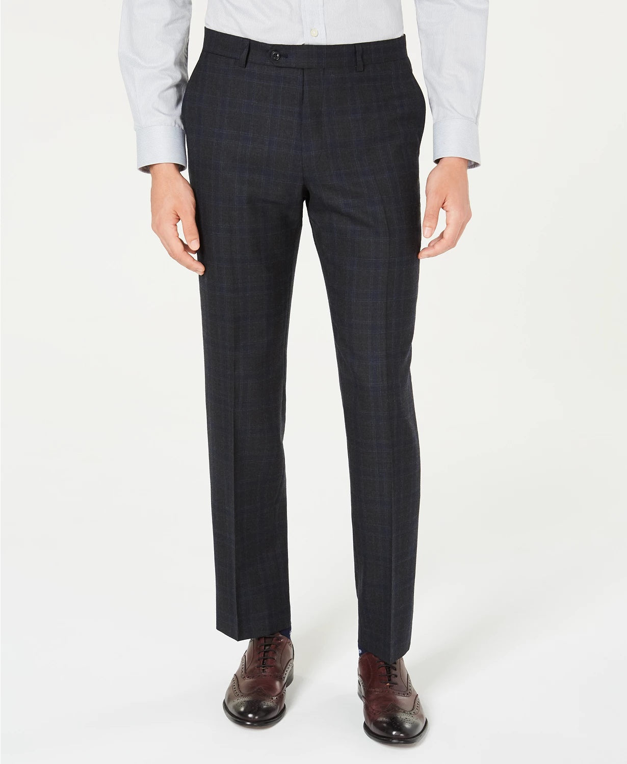Calça de terno masculina Tommy Hilfiger Modern-Fit THFlex Stretch Azul/Carvão Windowpane Xadrez Cinza Tamanho 34X29
