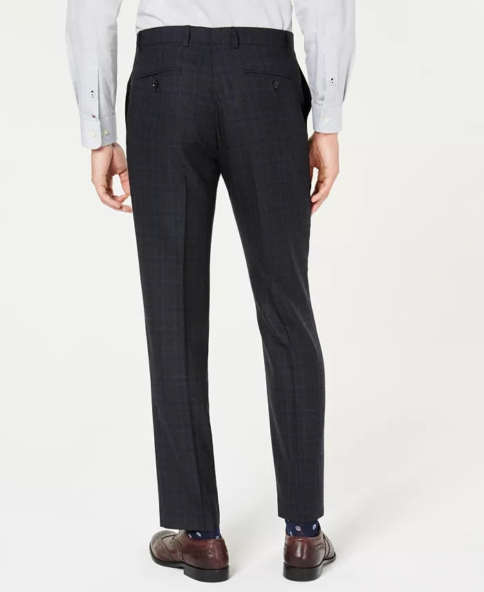Calça de terno masculina Tommy Hilfiger Modern-Fit THFlex Stretch Azul/Carvão Windowpane Xadrez Cinza Tamanho 34X29