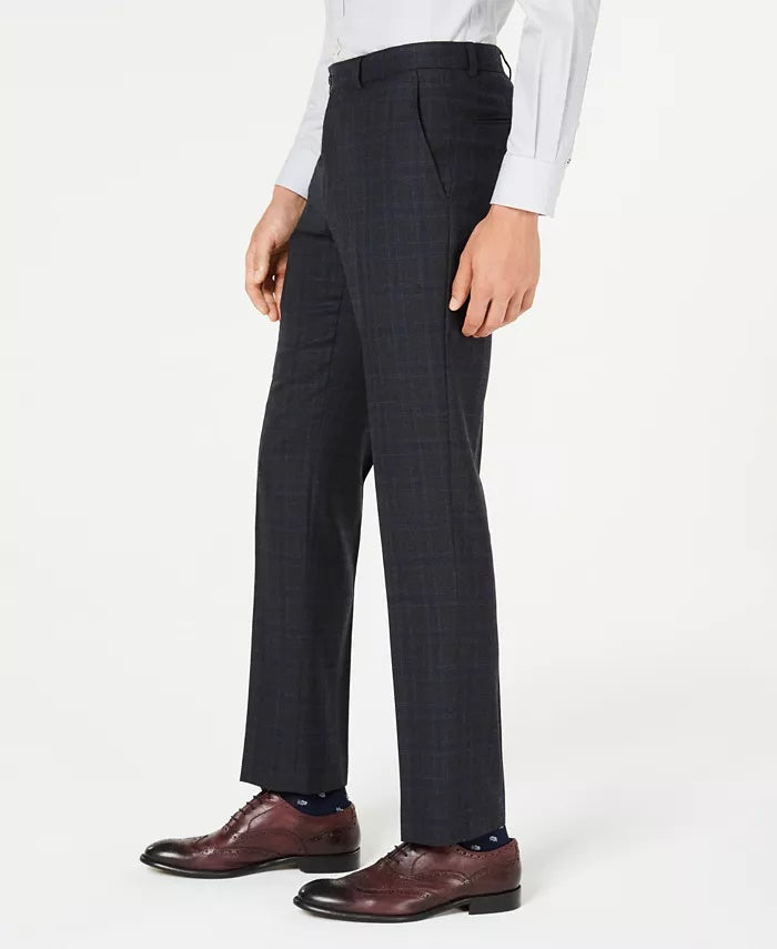 Calça de terno masculina Tommy Hilfiger Modern-Fit THFlex Stretch Azul/Carvão Windowpane Xadrez Cinza Tamanho 34X29