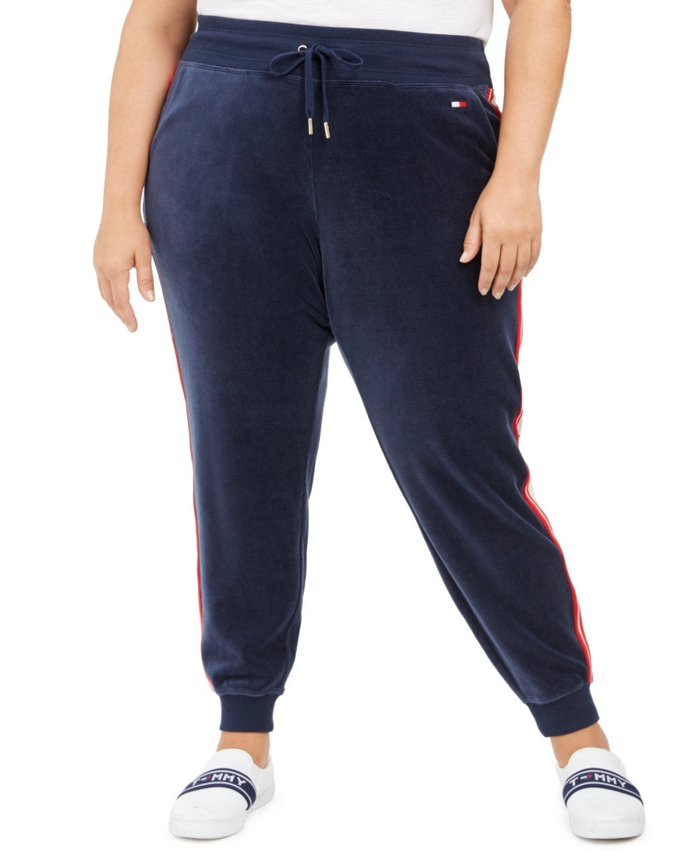 Calça jogger feminina Tommy Hilfiger Sport Plus Size com listras de veludo, azul marinho, tamanho 2X