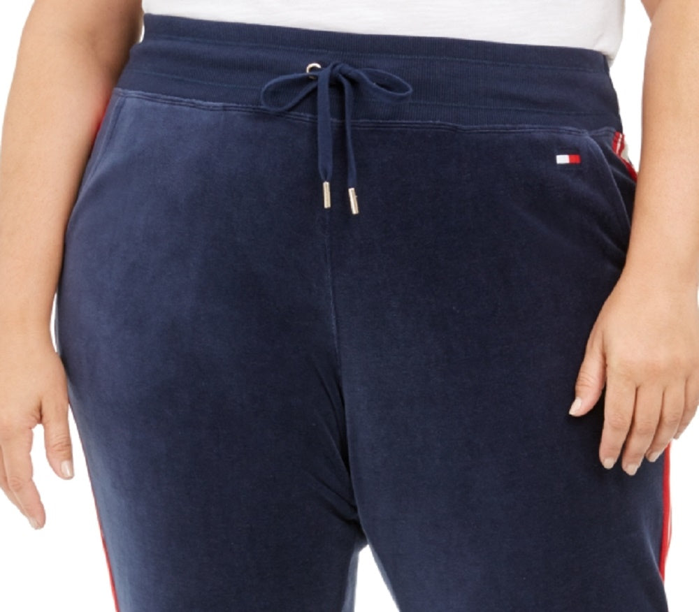 Calça jogger feminina Tommy Hilfiger Sport Plus Size com listras de veludo, azul marinho, tamanho 2X