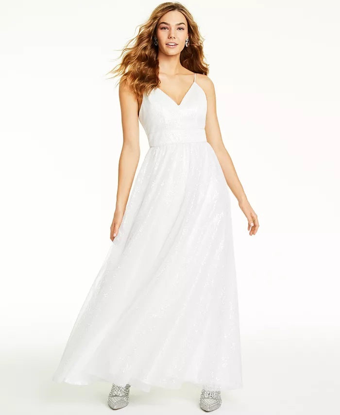 Vestido infantil Crystal Doll com decote em V e lantejoulas, tamanho 11, branco