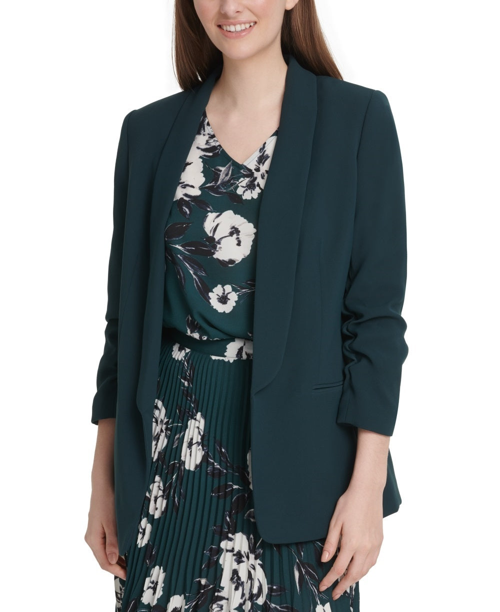 Blazer feminino DKNY com manga franzida e frente aberta, verde, tamanho 12