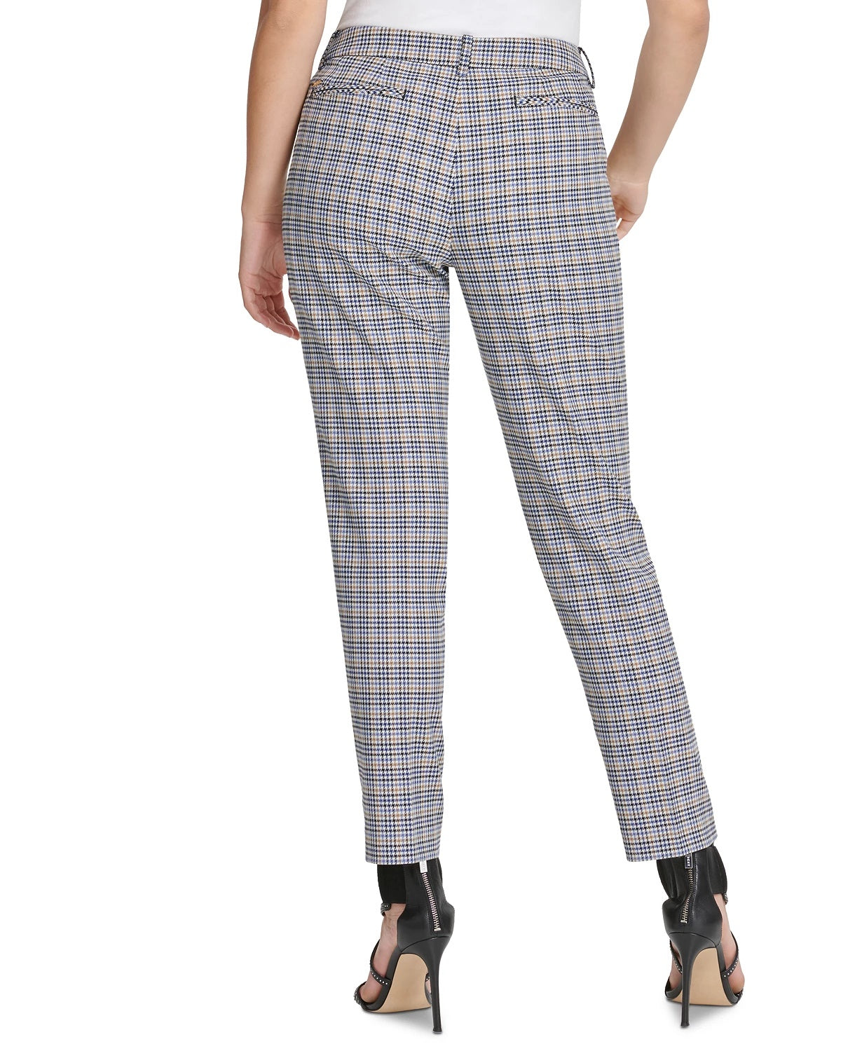 Calça skinny feminina DKNY estilo pied-de-poule com cintura fixa, azul, tamanho 14