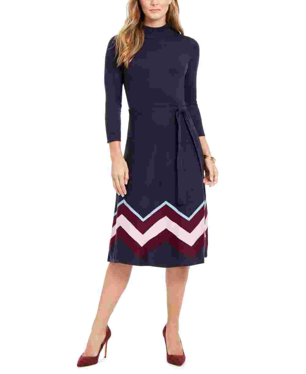 Vestido suéter feminino Vince Camuto Chevron azul marinho tamanho X-G