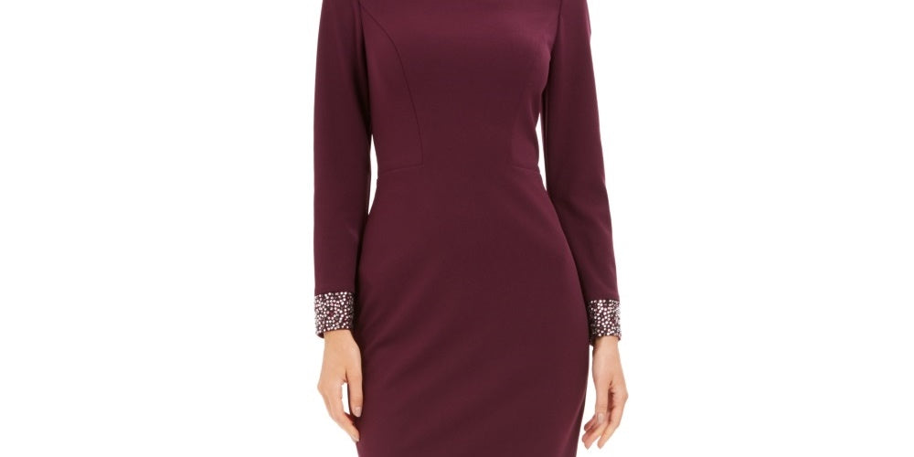 Vestido de coquetel feminino Vince Camuto com manga comprida e detalhes em roxo, tamanho 6