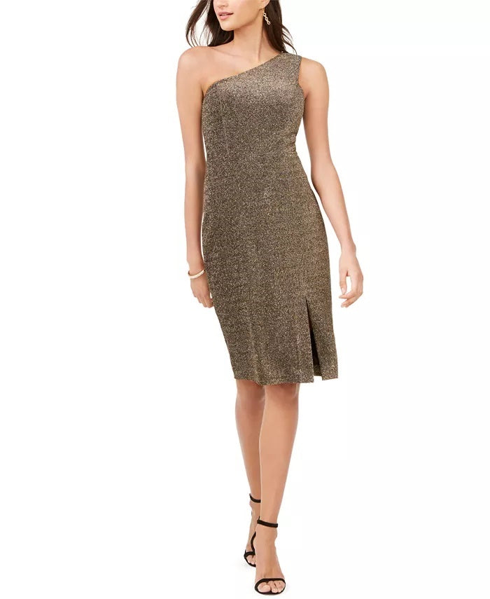 Vestido feminino Vince Camuto de um ombro só com glitter e malha dourada, tamanho 8
