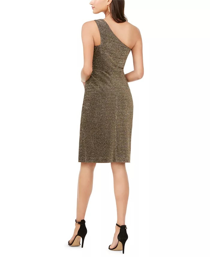 Vestido feminino Vince Camuto de um ombro só com glitter e malha dourada, tamanho 8