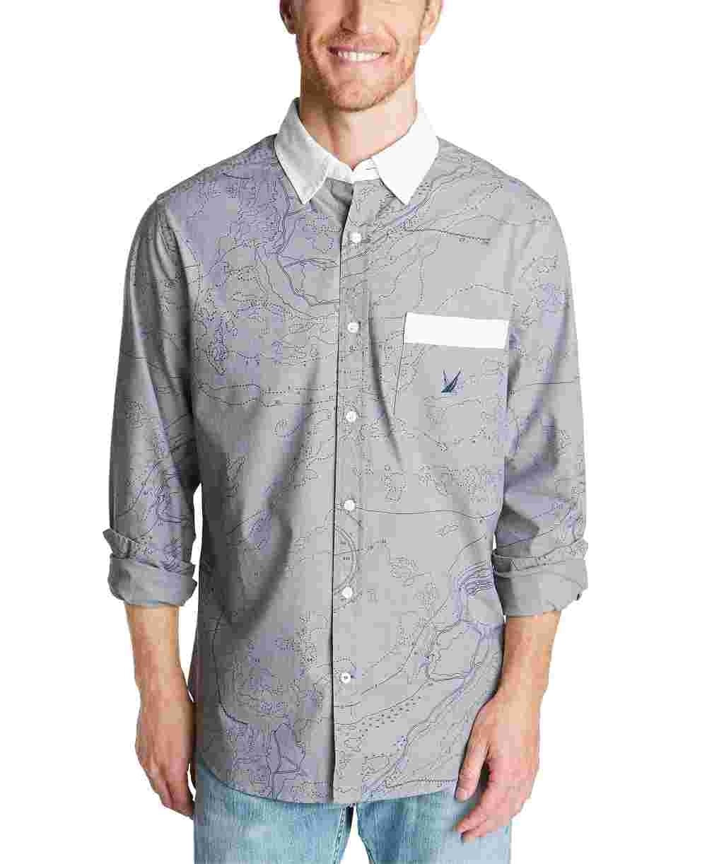 Camisa casual masculina com estampa de mapa Oxford Nautica, cinza, tamanho XX-G
